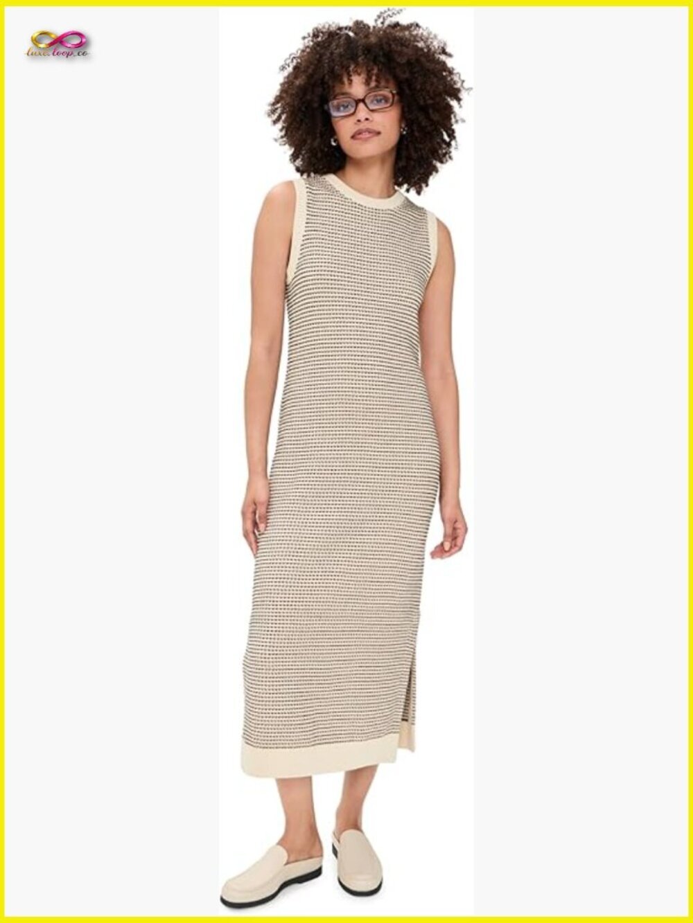 A-Line Midi Dress Crew Neck Striped Knit Sleeveless Spring Casual Chic
